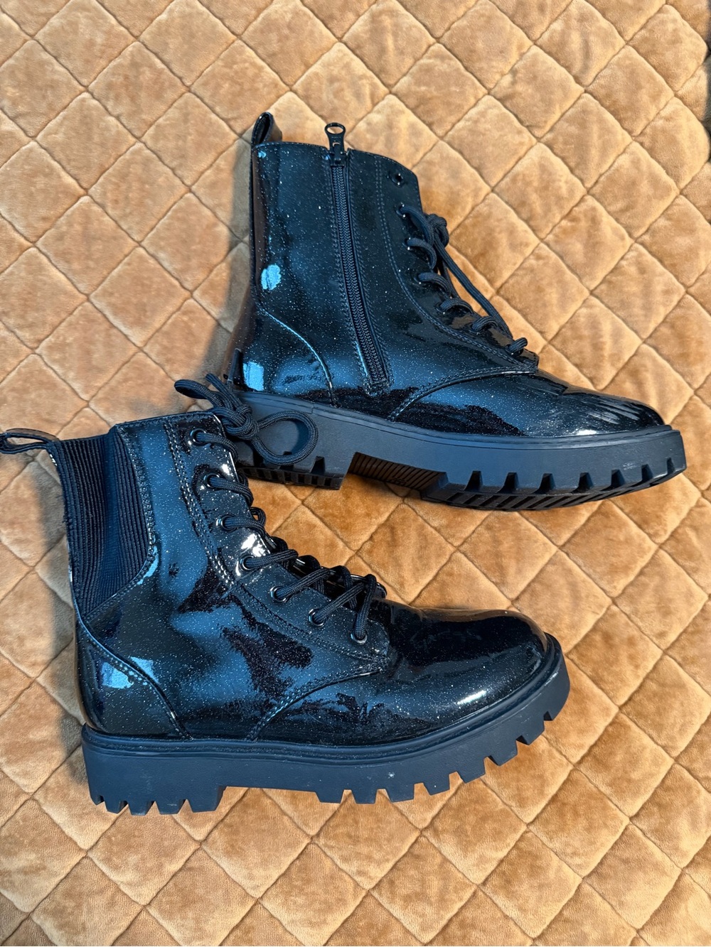 art class Black Glossy glitter Combat-Style Kids Boots